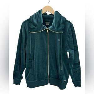 Calvin Klein Velour Cowl Neck Full Zip Jacket Gold Hardware Jewel Green Sz 0X